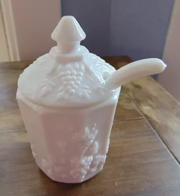 Milk Glass Condiment Jelly Jar With Spoon Grape Design • $12.60