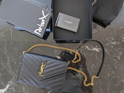 $1780 • Buy Saint Laurent Ysl Monogram Envelope Wallet On Gold Chain Grained Leather Bag 