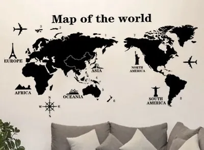 NEW 60” X 42” Map Of The World With Monuments Black Wall Vinyl Stickers Decals • £28.90