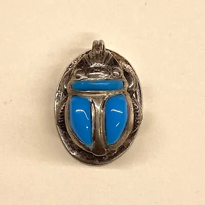 Vintage 3D Scarab Sterling Silver 925 Egypt Blue Glass Pendant For Necklace • $32