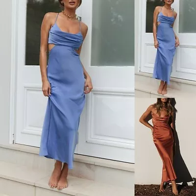 1) Brown Satin CutOut Cowl Neck Maxi Dress Backless Cocktail Party Dress • £21.53