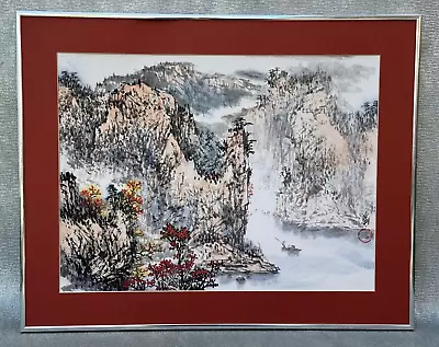 Vintage Signed Asian Chinese Art Painting River Landscape Man In Raft Boat Hills • $40