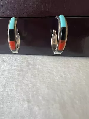 Zuni Native American Hoop Inlay Earrings Silver Vintage • £35