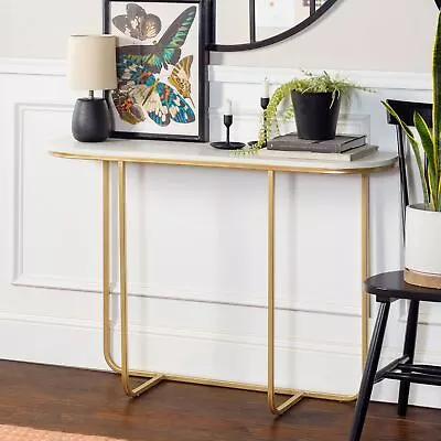 White Faux Marble And Gold Legs 112cm Curved Console Table Entryway Living Room • £35.99