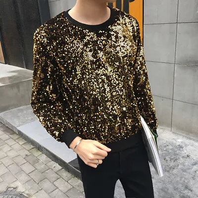 Glitter Mens Sequin Pullover Sweatshirt Round Neck Long Sleeve Blouse Top Casual • $28.47