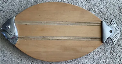 Vintage 21” Wood Stainless Steel Fish Serving Cheese Charcuterie Cutting Board • $55