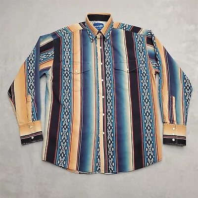 Wrangler Shirt Mens Medium Blue Aztec Southwestern Pearl Snap Western Cowboy  • $44.99