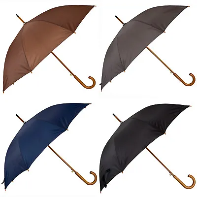 Wooden Crook Handle Automatic Open Umbrella Deluxe Brolly Walking Stick Rain NEW • £12.49
