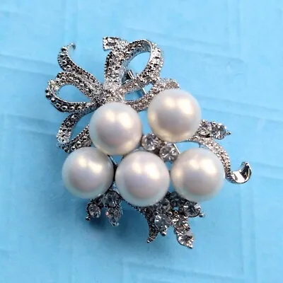 £12.99 • Buy New Silver Tone White Pearl Bow Bouquet Dress Brooch In Gift Box Wedding Bridal