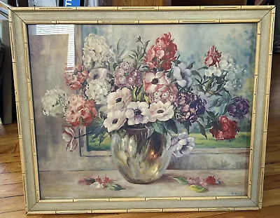 Vtg Artist William Van De Pas' Framed Floral W/faux Bamboo Wooden Frame 25 X21  • $42