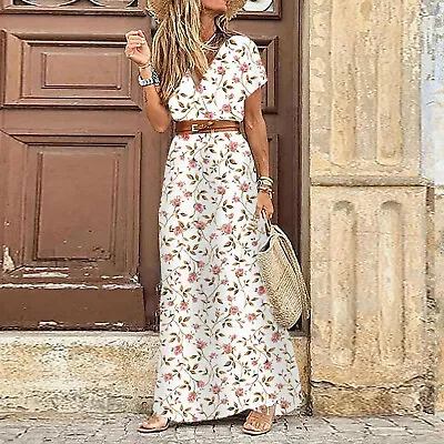 Womens Boho Floral Maxi Dress Summer Holiday Long Warp Dress Sundress Plus Size • $39.99