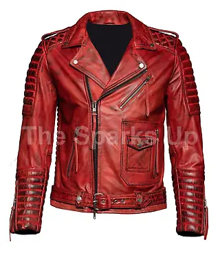 Mens Red Genuine Lambskin Leather Motorcycle Jacket SlimFit Quilted Biker Jacket • $71.96