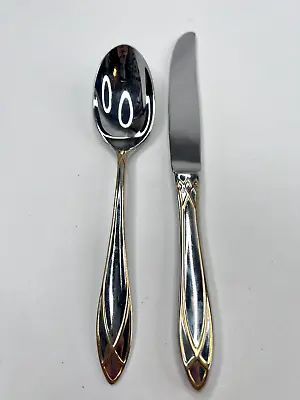 Yamazaki Alexandra Stainless Gold Accent 2 Pcs - 1 Knife 1 Place/Oval Soup Spoon • $12.55