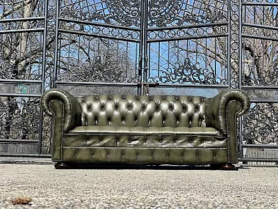 Vintage English Leather Chesterfield Sofa In Green  • $6850