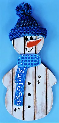 SNOWMAN Welcome SIGN Grooved Wood Hanger Plaque Winter Door Wall Primitive Decor • $13