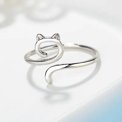 925 Sterling Silver Cute Cat Kitty Adjustable Ring Womens Girls Jewellery Gift • £3.47