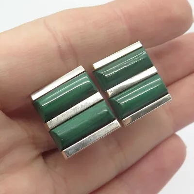 925 Sterling Silver Vintage Real Malachite Gemstone Rectangle Cufflinks • $99.95