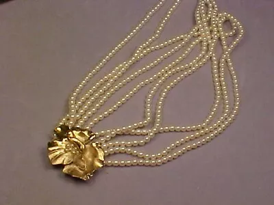 Vintage Signed Trifari Goldtone 5 Strand Faux Pearl Necklace • $15.50