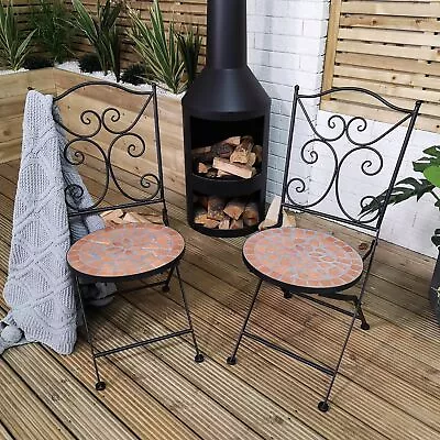 Set Of 2 Outdoor Black Mosaic Metal Bistro Chairs For Garden Patio Balcony • £107.25