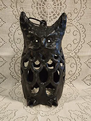 10.5  Tall Vintage Black Cast Iron Owl Garden Decor Candle Lantern • $90