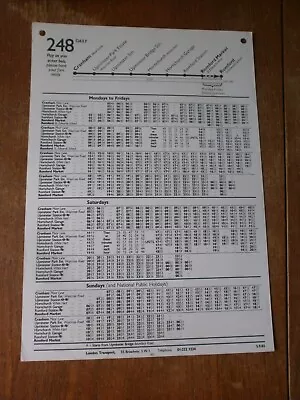 London Transport Bus Stop Timetable Panel-Route 248 1983 • £1.50