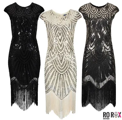 UK 1920's Flapper Dress Sequin Fringe Cocktail Party Great Gatsby Costume • £20.60