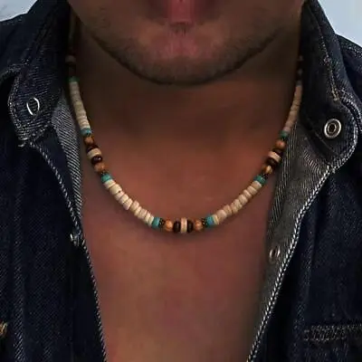Men Beaded Tribal Choker Necklace Boho Jewelry Blue Surfer Necklace • $10.50