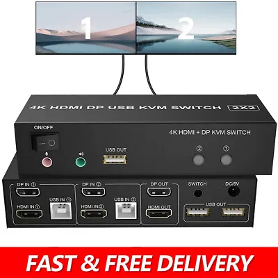 4K 60Hz HDMI+DisplayPort DP USB KVM Switch Dual Monitor 2X2 Keyboard Mouse Share • $91.09