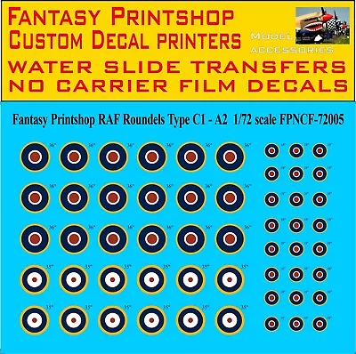 R.a.f Raf Roundels Type C1 - A2 Waterslide Transfers Decals Fpncf-72005 1/72 • £8.95