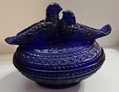 Mosser Glass Vivid BLUE Candy Bowl Covered Dish Nesting Love Birds • $29