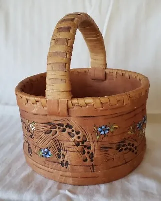 Vintage Round Medium Birch Bark Basket Handmade Hand Painted Flowers  Signed • $20