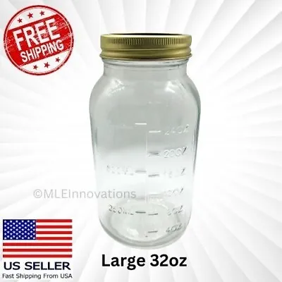 ✅ Large Mason Jar Measuring Cup Canning Clear Glasses W/ Gold Lid & Ring - 32 Oz • $13.98