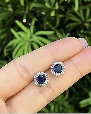 4 Ct Round Lab Created Blue & White Sapphire Halo Stud Earrings 14K White Gold • $69.95