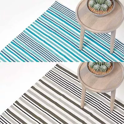 100% Cotton Scandinavian Striped Rug Blue Navy Aqua Black Grey Floor Runners Mat • £14.90