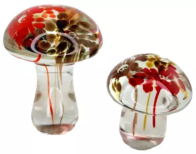 Vintage Set Of 2 Art Glass Mushroom Paperweight Red Brown Gold Glitter MCM Retro • $59.99