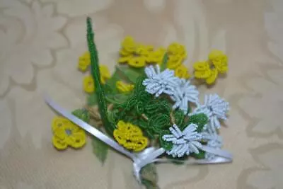 Vintag Petite Handmade French Bead Yellow White & Silver Flower Bouquet W Ribbon • $24.50