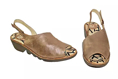 FLY London Gold Metallic Crackled  Leather Wedge Sandals UK Size 8. EU 41. • £32.99