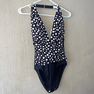 La Blanca By Rod Beattie V-Neck-Line Swimsuit Black 10 Polka Dots Swim One Piece • $29.99