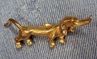 Vtg Estate Jewelry ~ Goldtone DACHSHUND Rhinestone Dog Pin ~ WAGGING TAIL! • $9.99