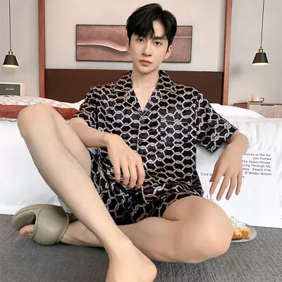 Men Silk Satin Pajamas PJ Set Top And Bottom Shirt Shorts Sleepwear Nightwear • $17.92