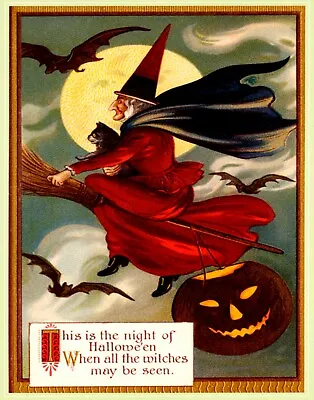 Poster Halloween Cat Bats Full Moon Witch Broom Flying Vintage Repro Free S/h • $11.90