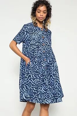 Gorman Linen Blend Shirt Dress Dark Blue Light Blue Swirl Size 14 Pockets • $89.95