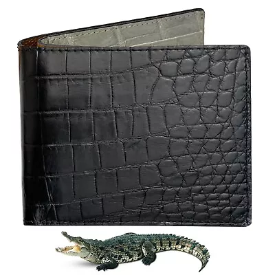 Men Black Double Side Alligator Hornback Leather Bifold Wallet Premium Gift • $85