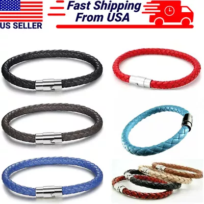 Men's Women's Braided Leather Bracelet Stainless Steel Magnetic Clasp Handmade • $3.49