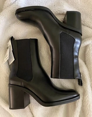 $37.50 • Buy New Zara Ankle Boots 39 8 Black Leather Booties Elastic Pull On 3  Heel Chelsea 