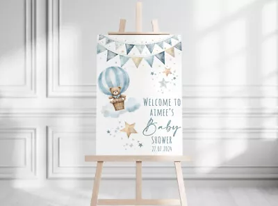 Personalised Blue Bear Baby Shower Welcome Sign | Acrylic | Foam Board A2 A3 • £21.99