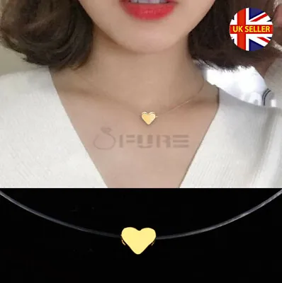 Trendy Gold Heart Shaped Pendant Invisible Line Clavicle Chain Choker Necklace • £3.99