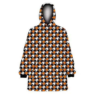 Orange Black Houndstooth Checker Print Fleece Oversized Blanket Hoodie • £37.99