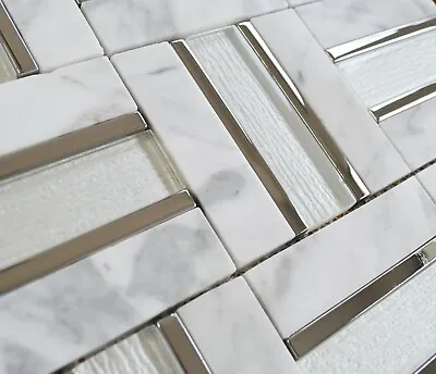 £1.50 • Buy CUT SAMPLE Marble Stone White & Silver Metal Tile Polished Mosaic / Border 