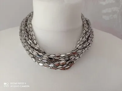 NEW Statement Boho Silver Tone Chunky Multi Row Mesh Chain Necklace-43cm Long  • £9.99